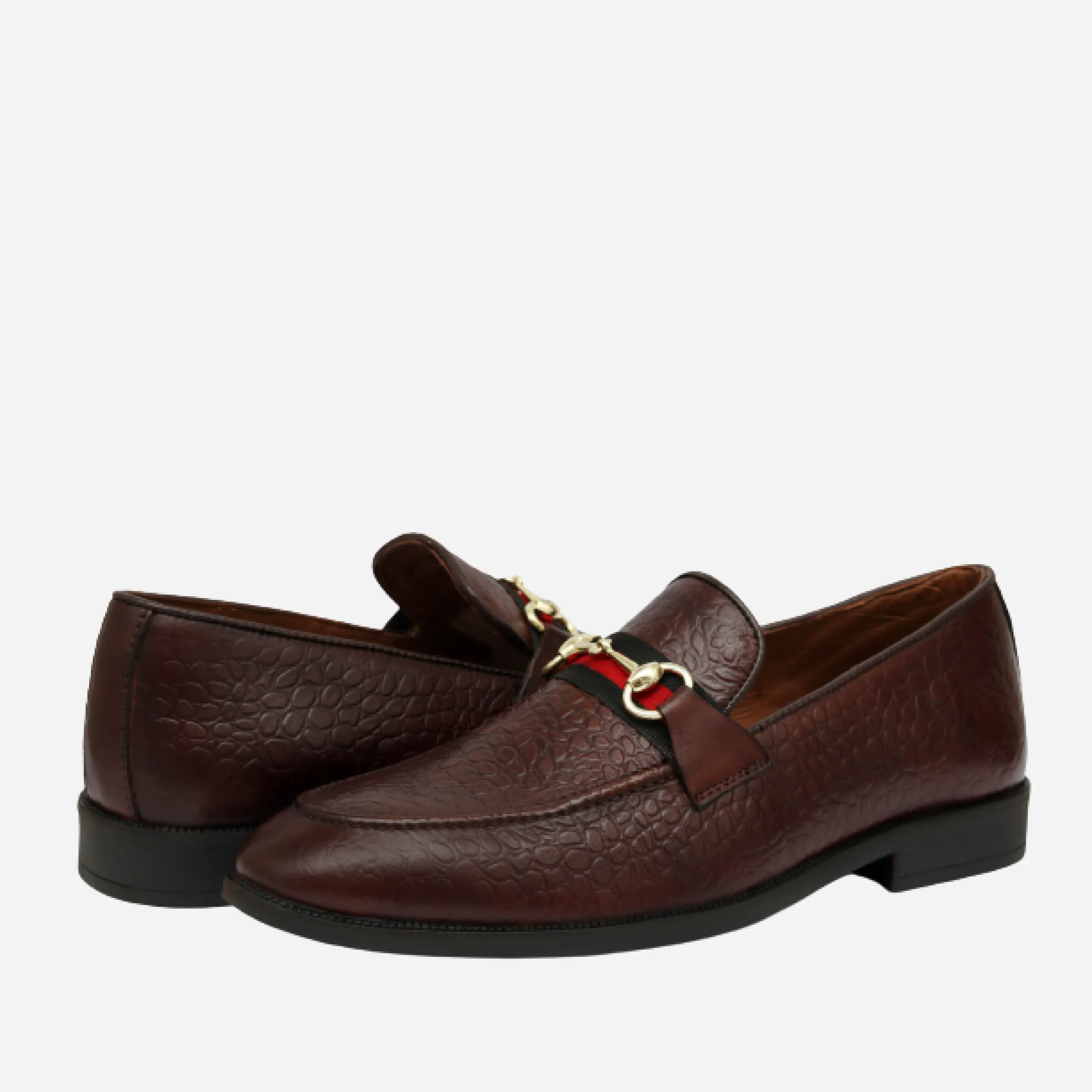 Men's Textured Buckle Moccasin Loafers - Tan, Cherry & Black