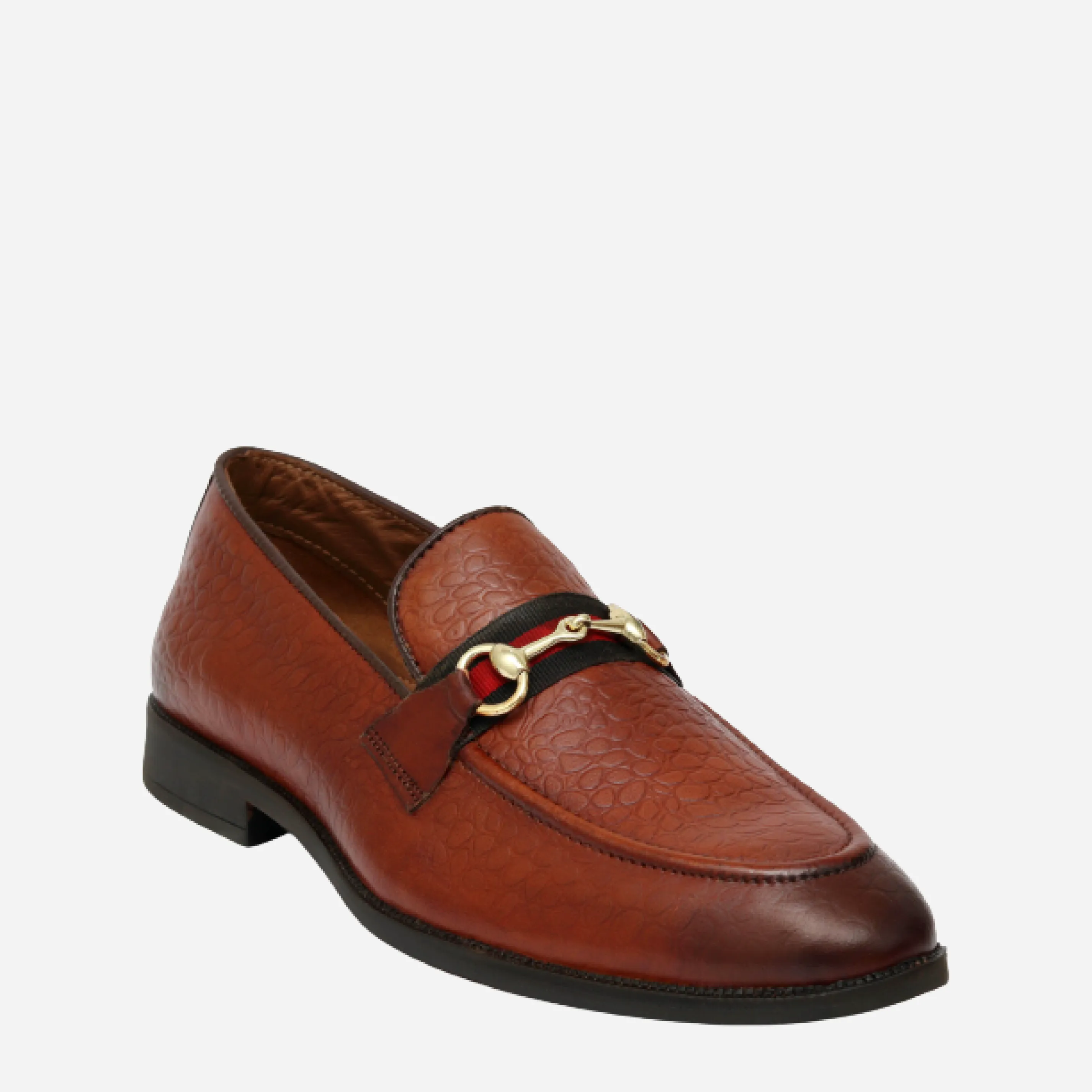 Men's Textured Buckle Moccasin Loafers - Tan, Cherry & Black