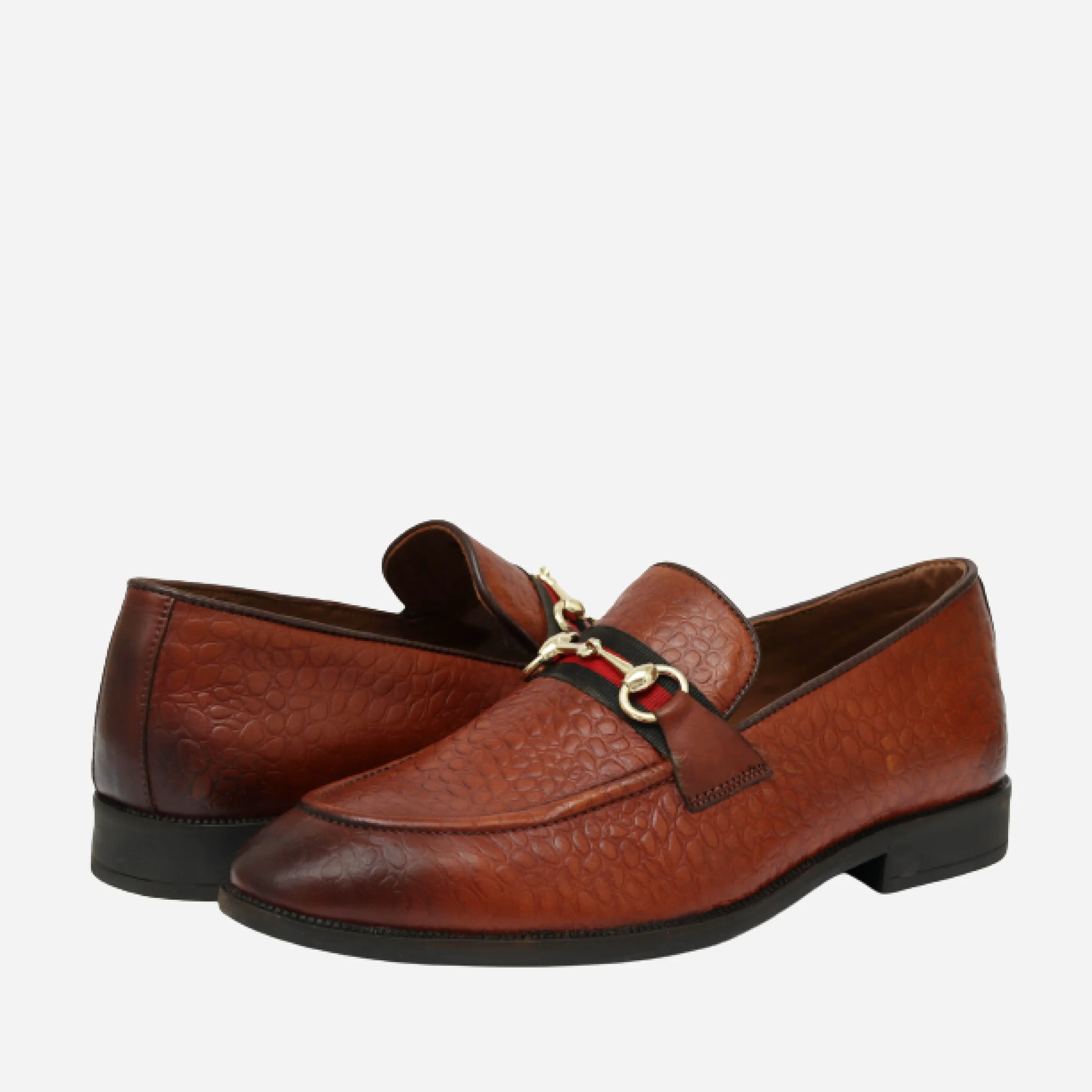 Men's Textured Buckle Moccasin Loafers - Tan, Cherry & Black