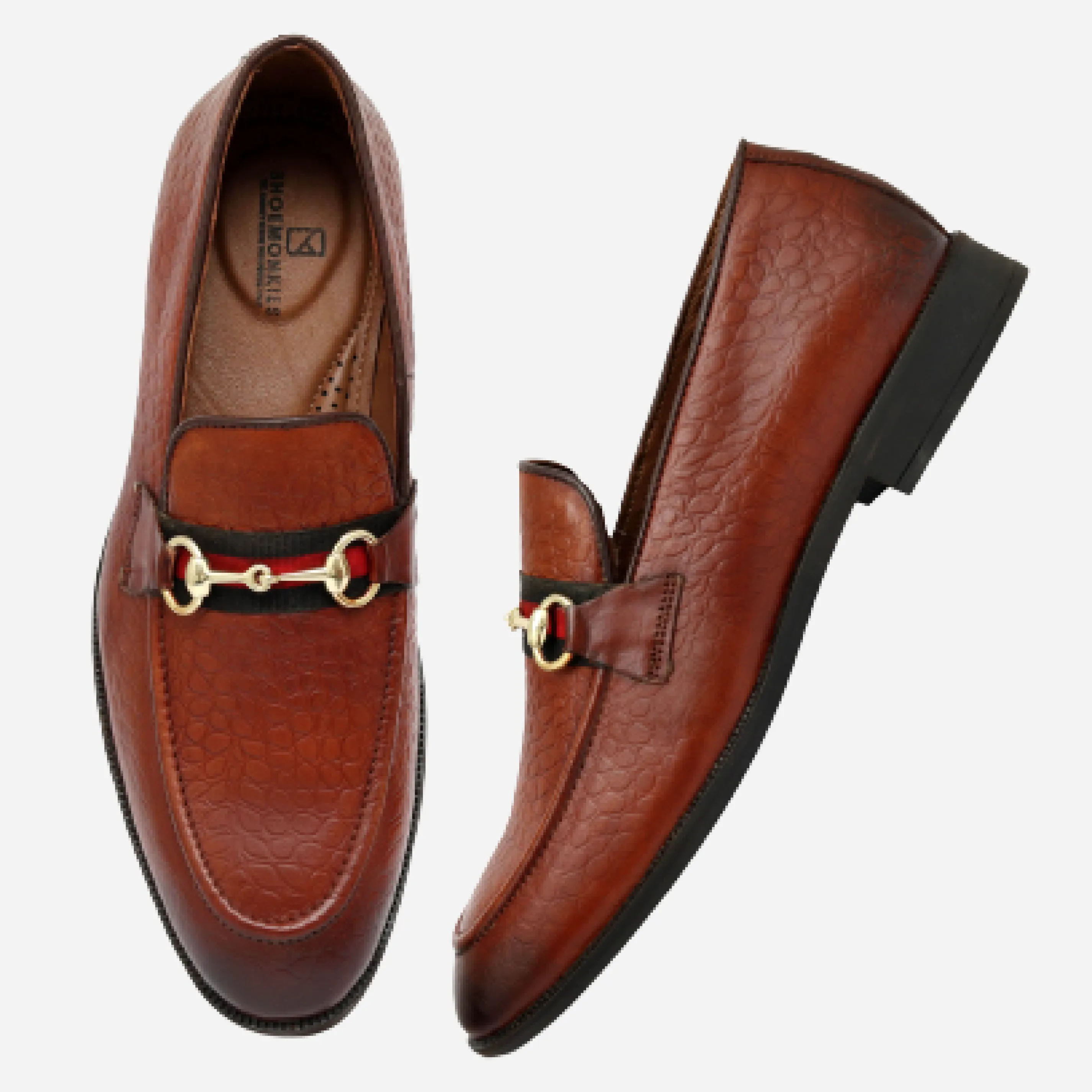 Men's Textured Buckle Moccasin Loafers - Tan, Cherry & Black