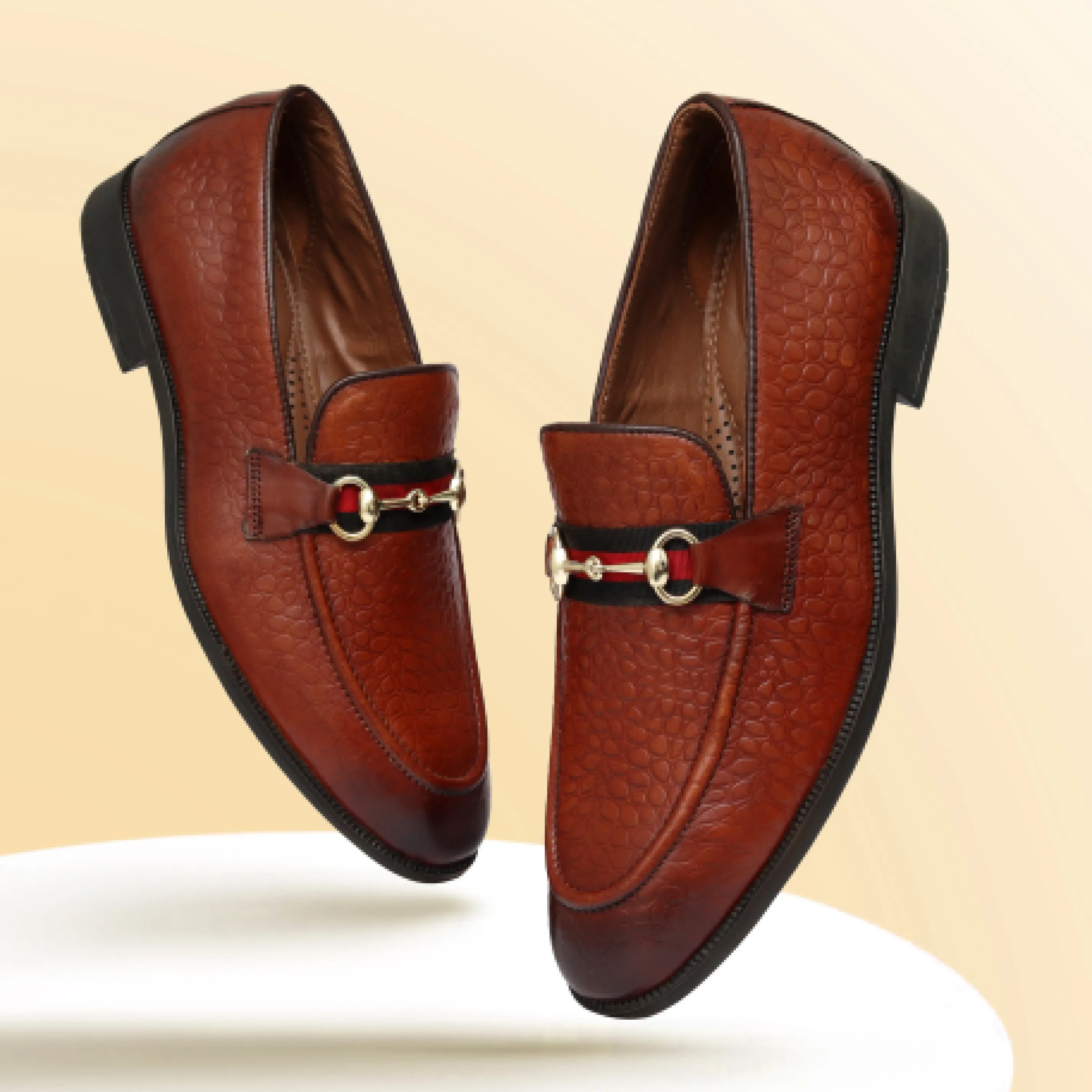 Men's Textured Buckle Moccasin Loafers - Tan, Cherry & Black