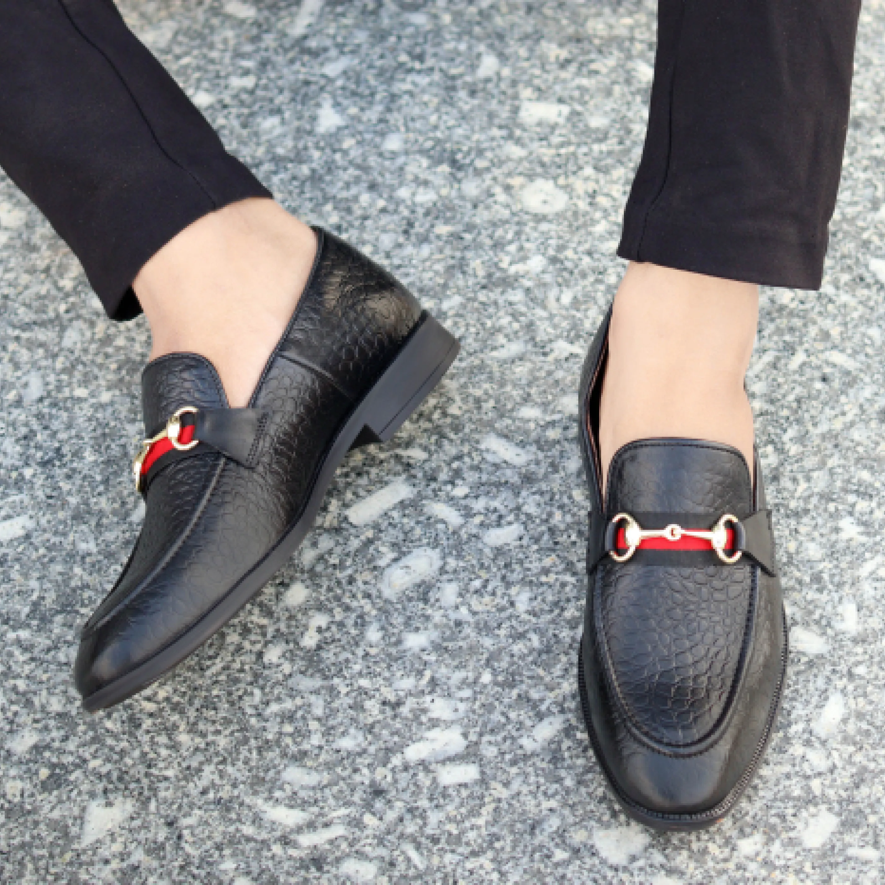 Men's Textured Buckle Moccasin Loafers - Tan, Cherry & Black