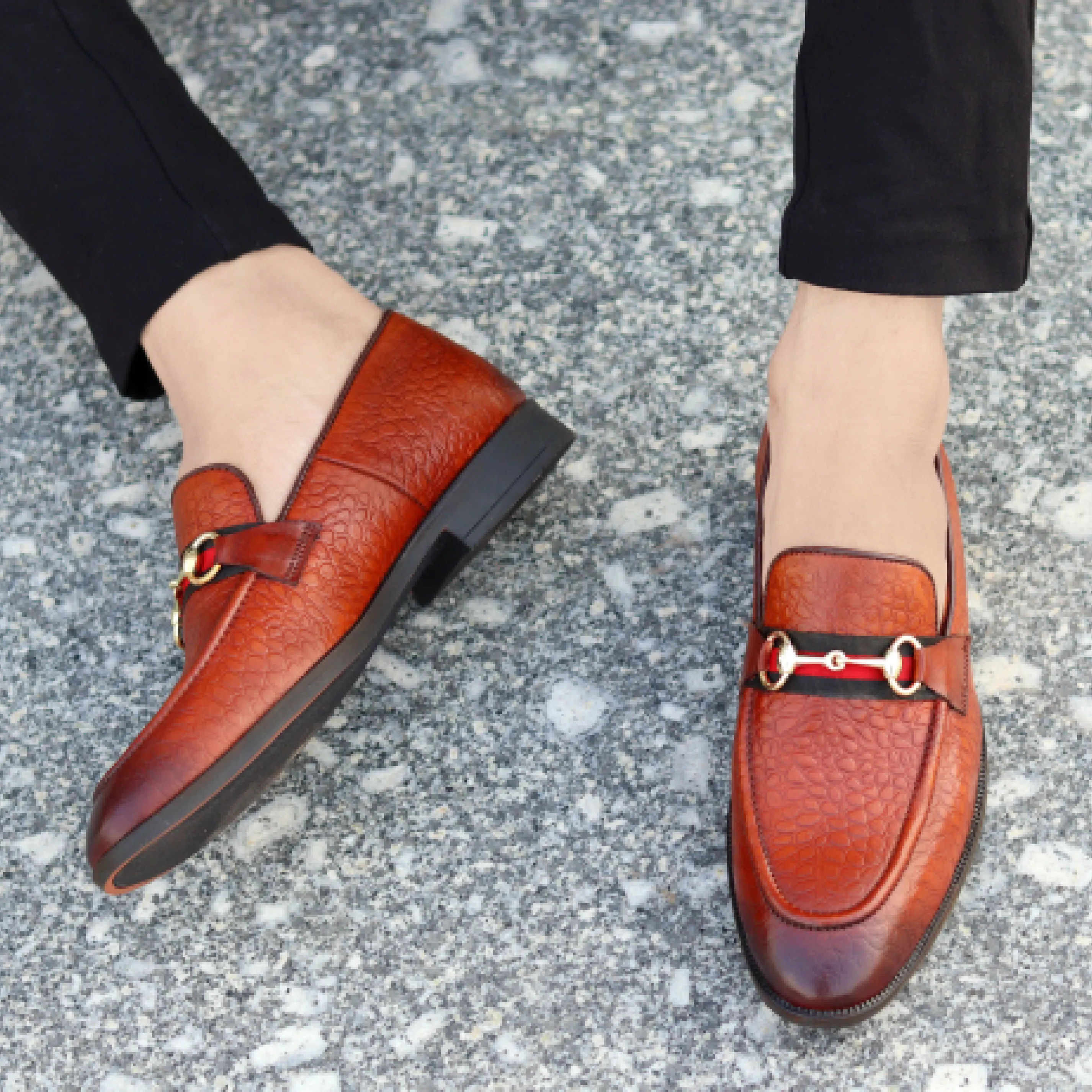 Men's Textured Buckle Moccasin Loafers - Tan, Cherry & Black
