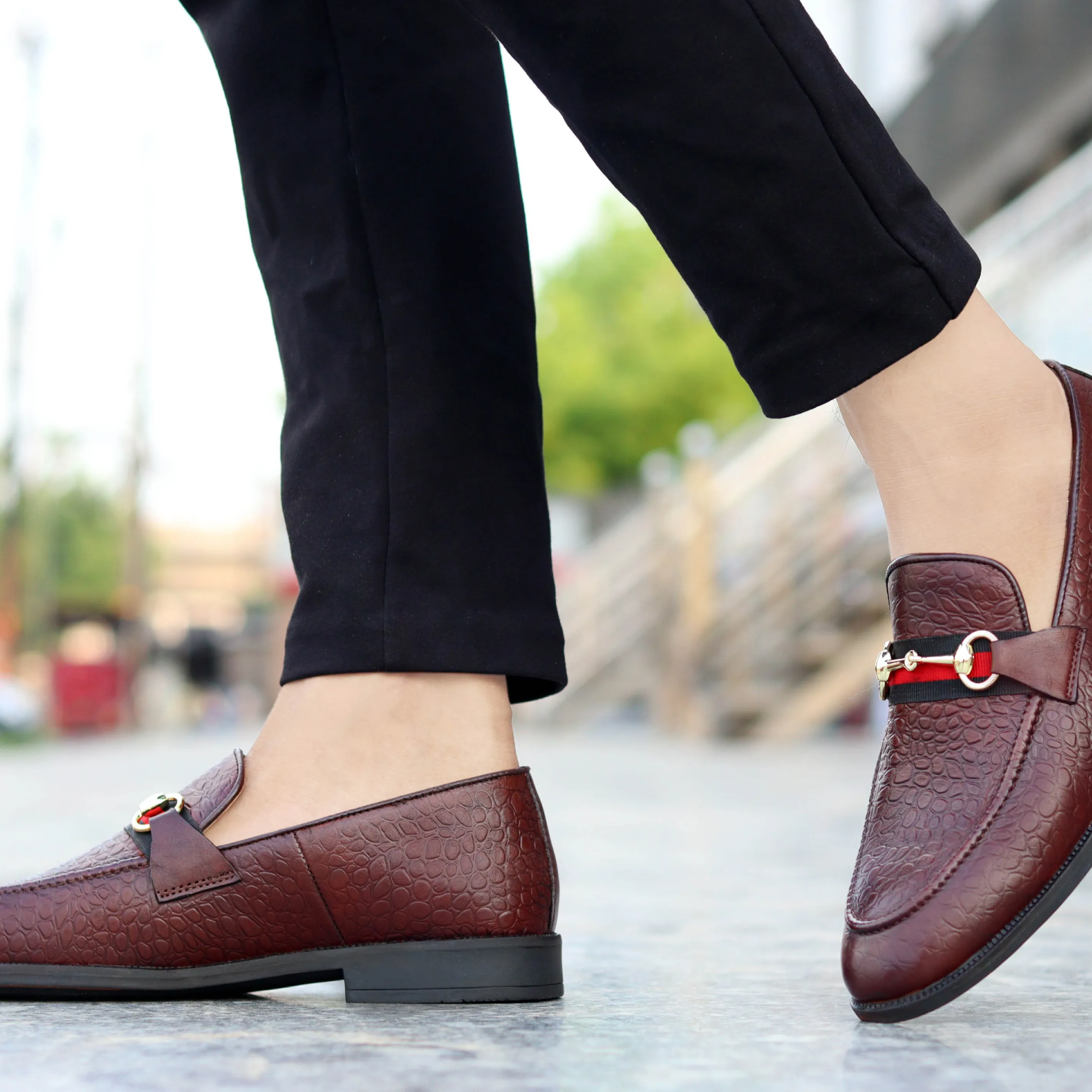 Men's Textured Buckle Moccasin Loafers - Tan, Cherry & Black