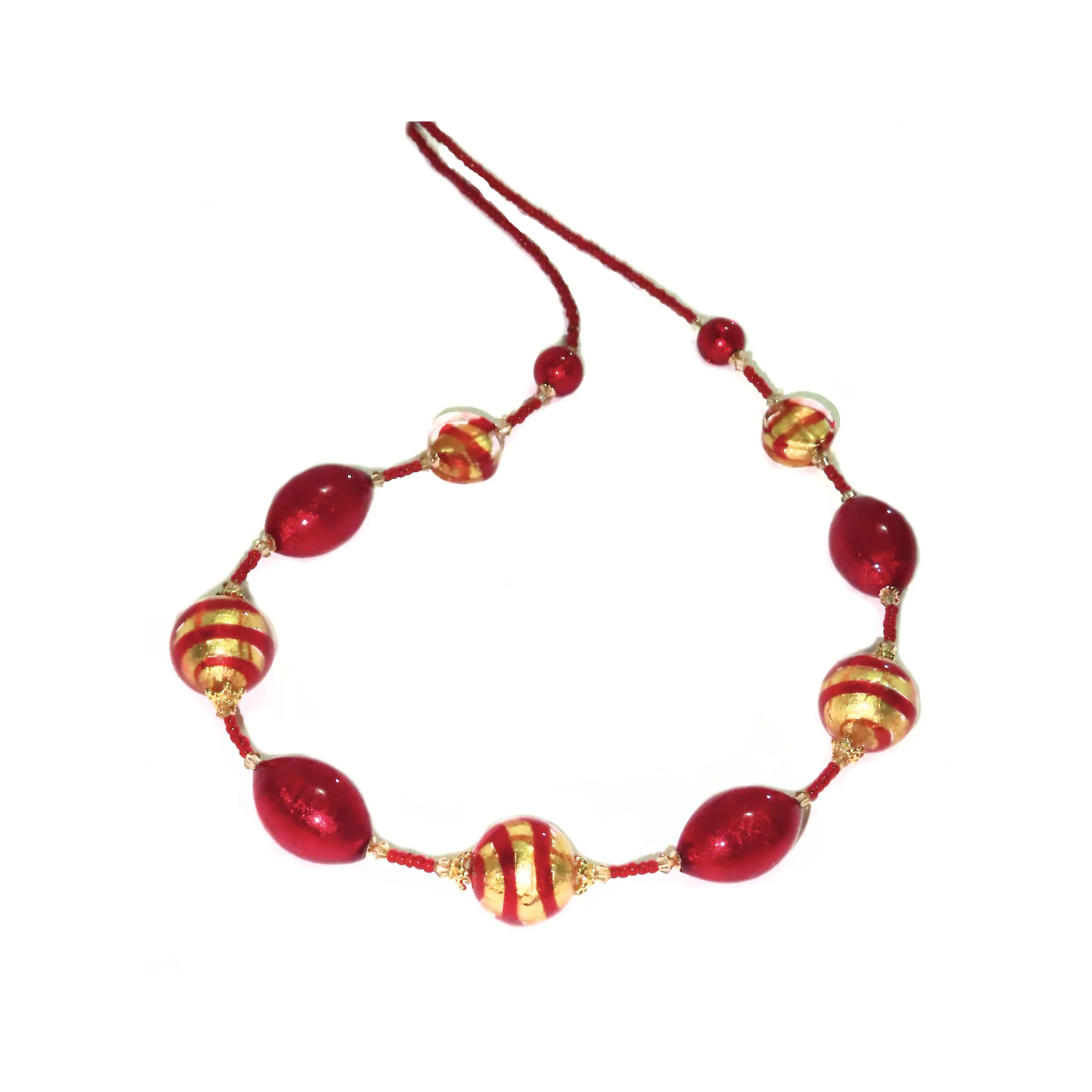 Murano Glass Red Striped Ball Gold Necklace