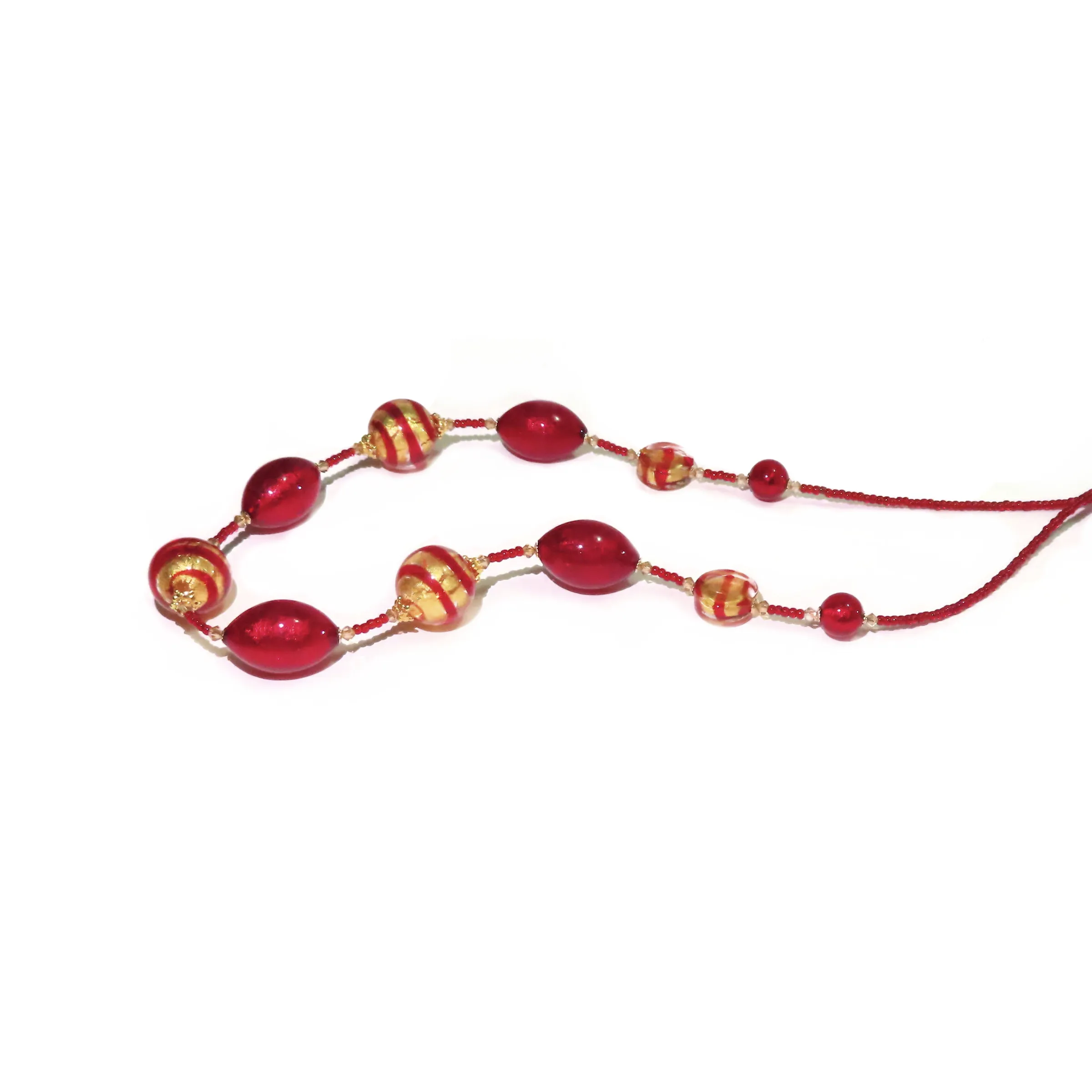Murano Glass Red Striped Ball Gold Necklace