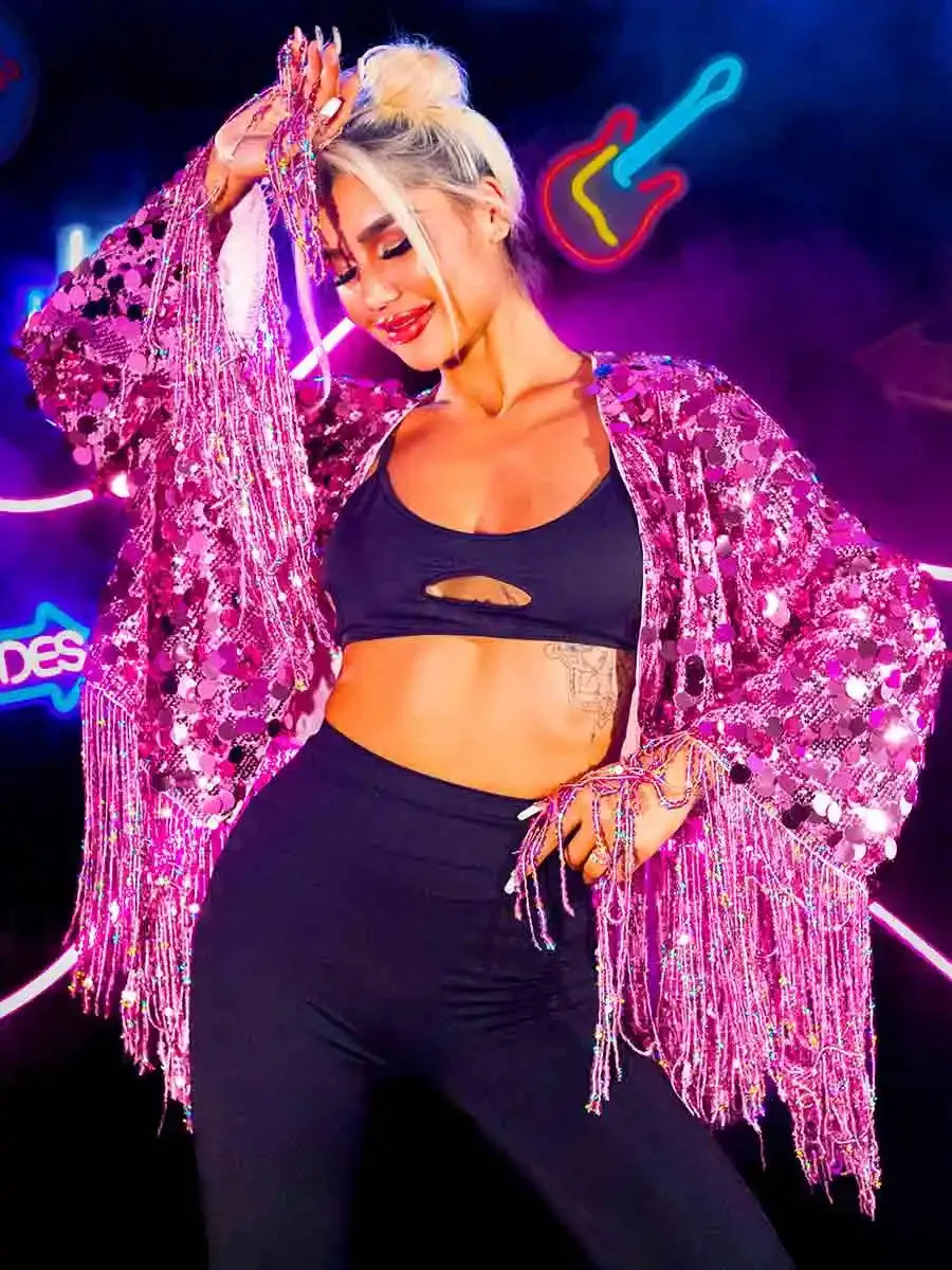 New Pink Sequin Fringe Long Sleeve Jacket Top