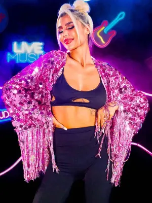 New Pink Sequin Fringe Long Sleeve Jacket Top