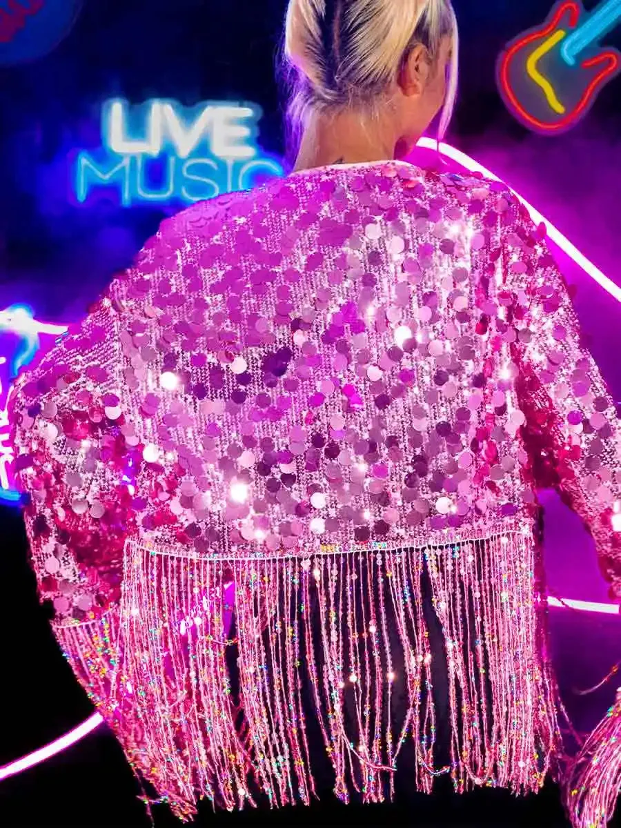 New Pink Sequin Fringe Long Sleeve Jacket Top