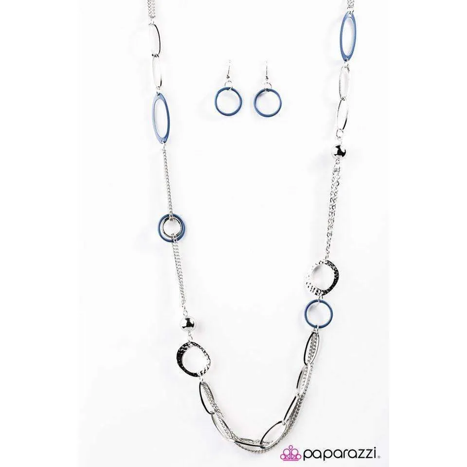 Paparazzi DISC Factor Blue Chunky Asymmetrical Silver Necklace & Earring Set