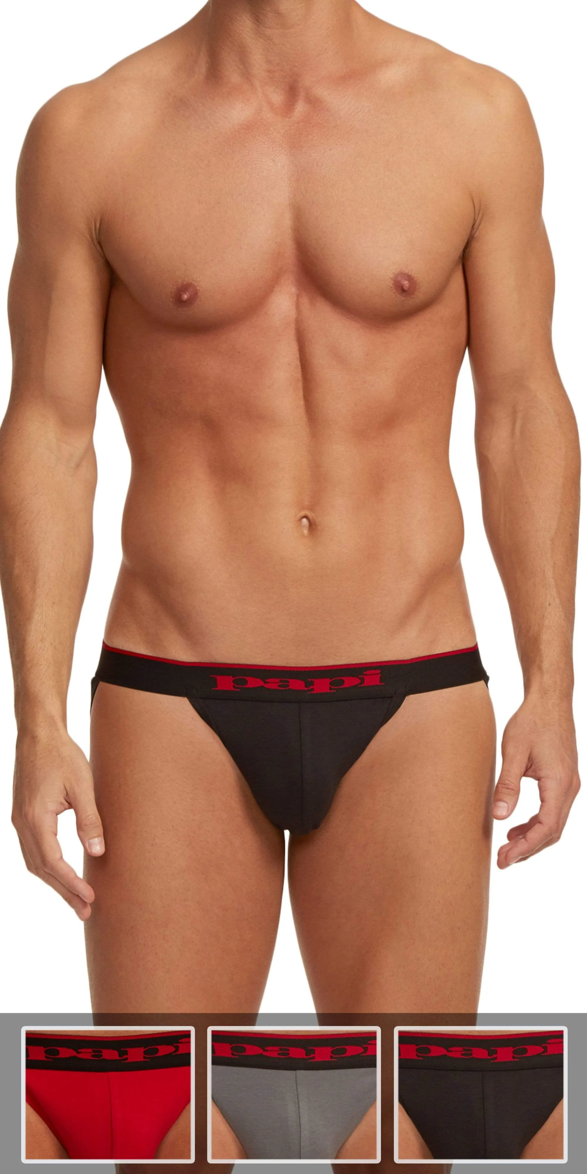 Papi 980911-950 3-Pack Cotton Stretch Jockstrap 1 Red, 1 Gray, 1 Black
