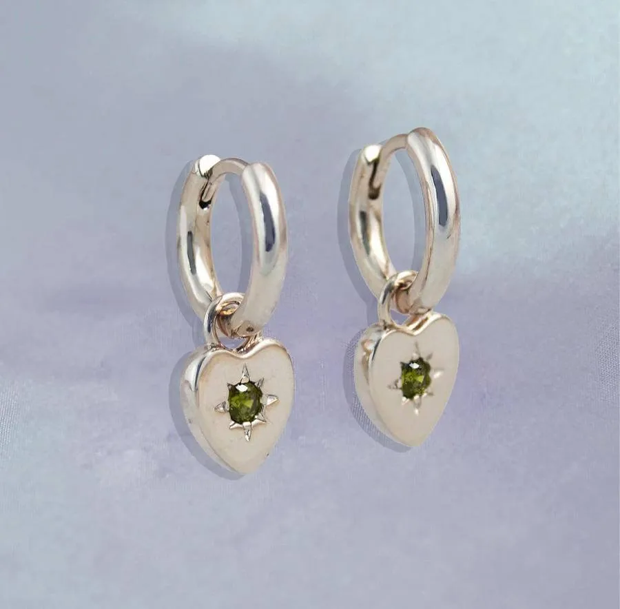 Peridot Heart Charm Earrings - Silver