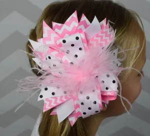 Pink Chevron and Black Dots w/Ostrich Feather 6in Boutique Bow