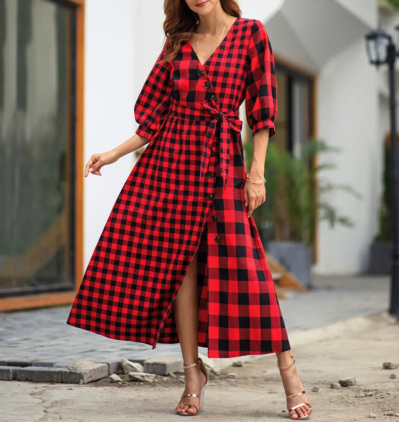 Plaid Long Sleeve Vintage Dress