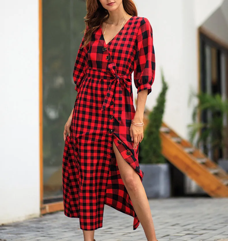 Plaid Long Sleeve Vintage Dress