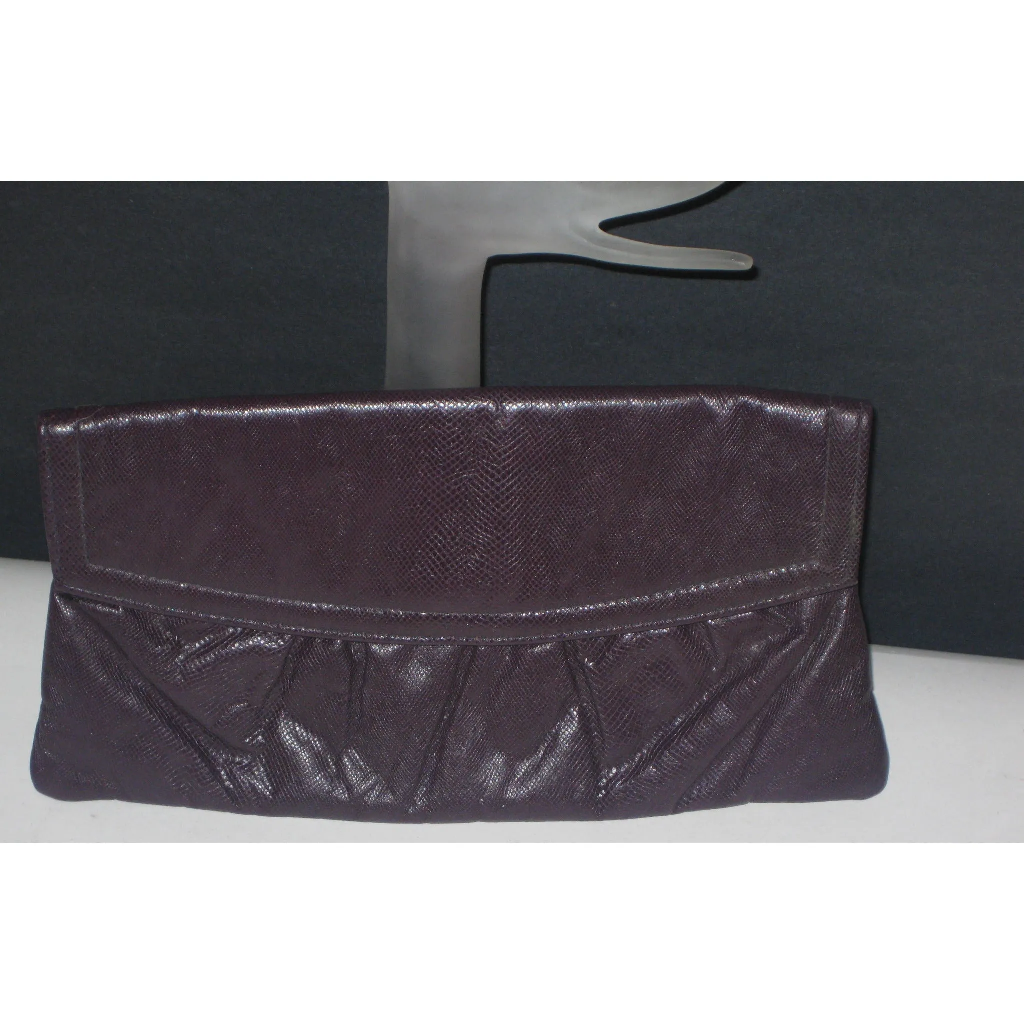 Pleated Plum Faux Reptile Clutch Purse