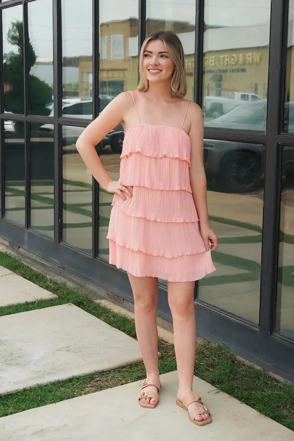 Pleated Tiered Ruffle Plisse Mini Dress - Lightweight Summer Boutique Dress