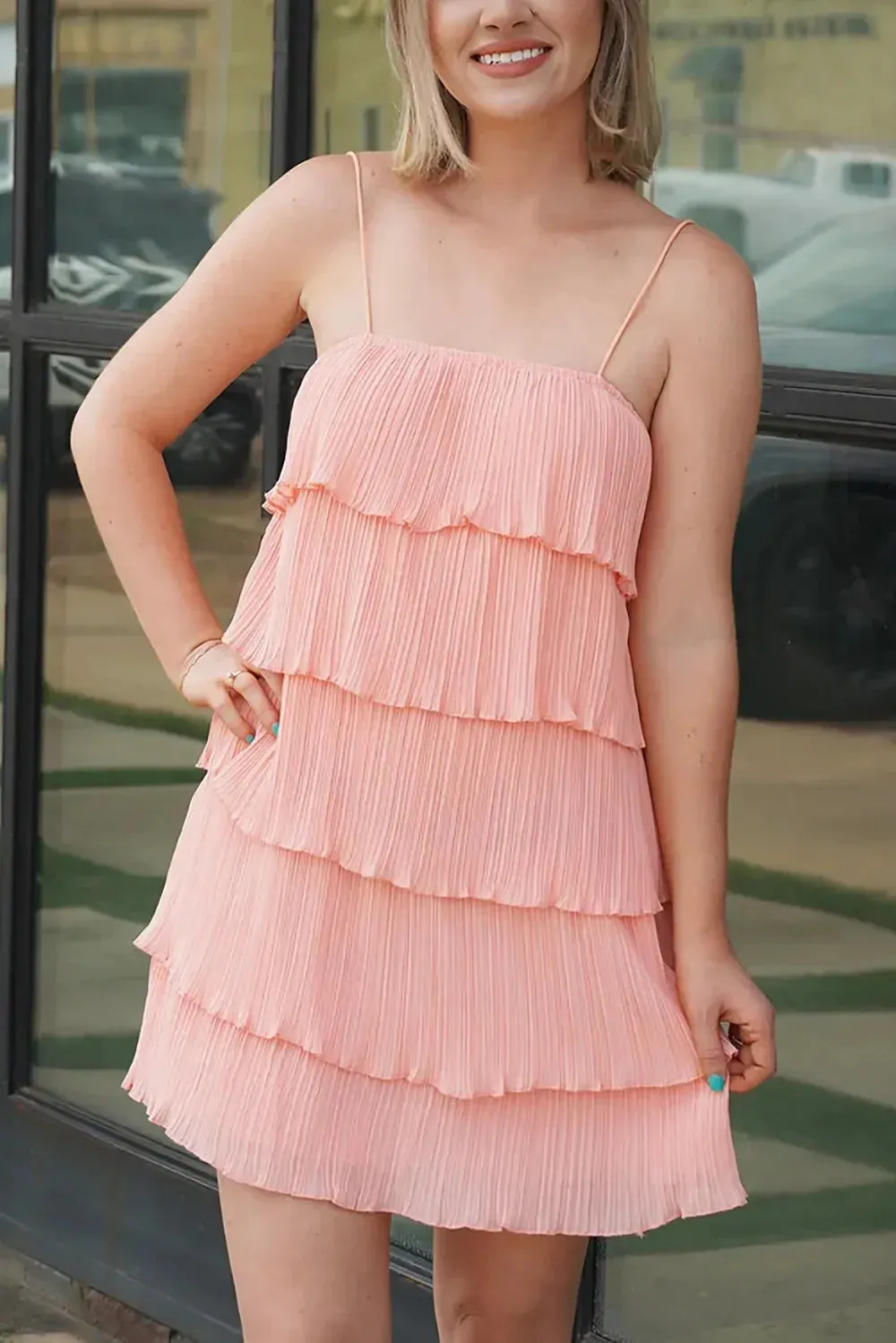 Pleated Tiered Ruffle Plisse Mini Dress - Lightweight Summer Boutique Dress