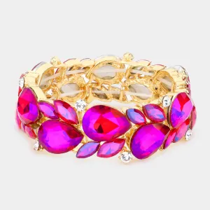 Purple AB Teardrop and Marquise Stone Cluster Stretch Pageant Bracelet | Bling Chunky Bracelet  |  569504