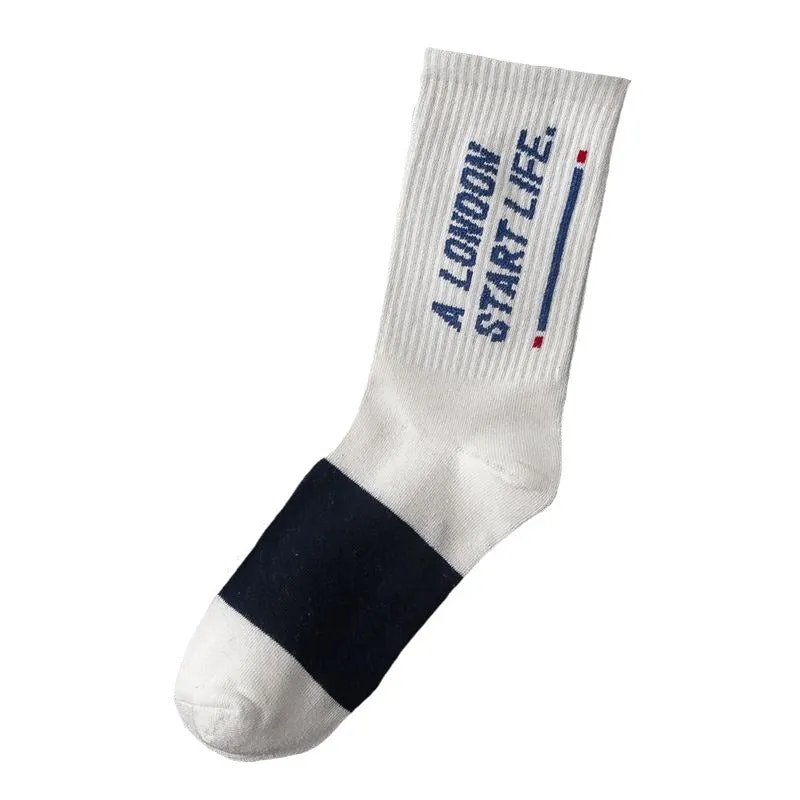 "LIFE" Chaussettes Blanches Bleu Montantes Streetwear - URB1™