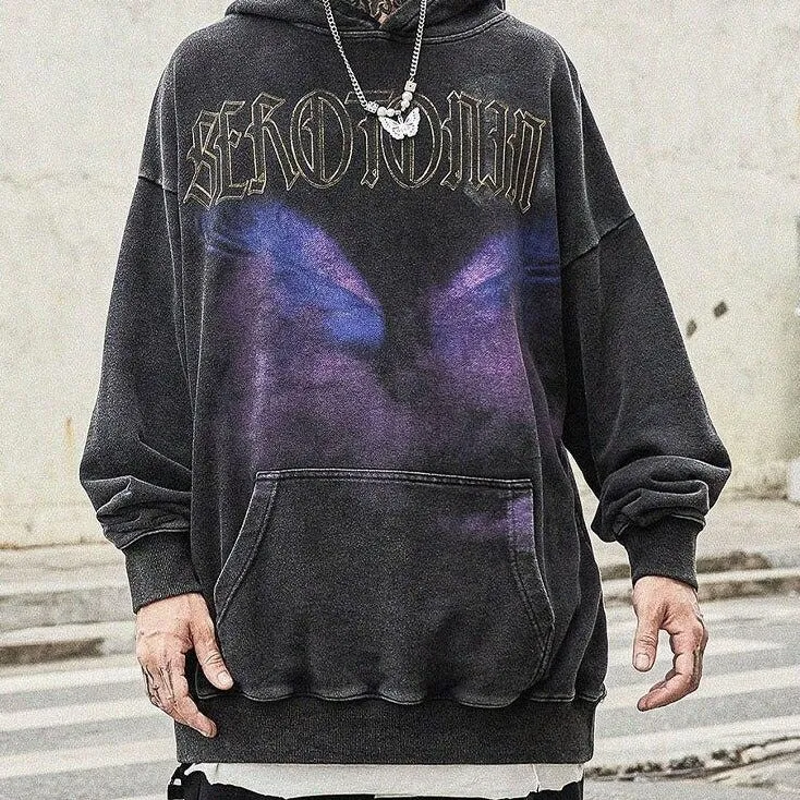 "SRTO" Sweat-shirt hoodie à capuche noir délavé imprimé - URB1™