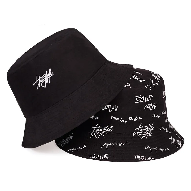 "THUG LIFE" Chapeau Bob Brodé Réversible Noir - URB1™