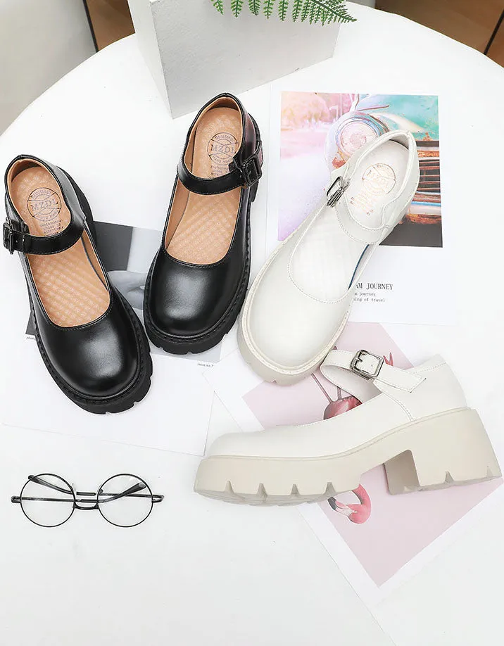 Real Leather Fashion Chunky Mary Janes Shoes