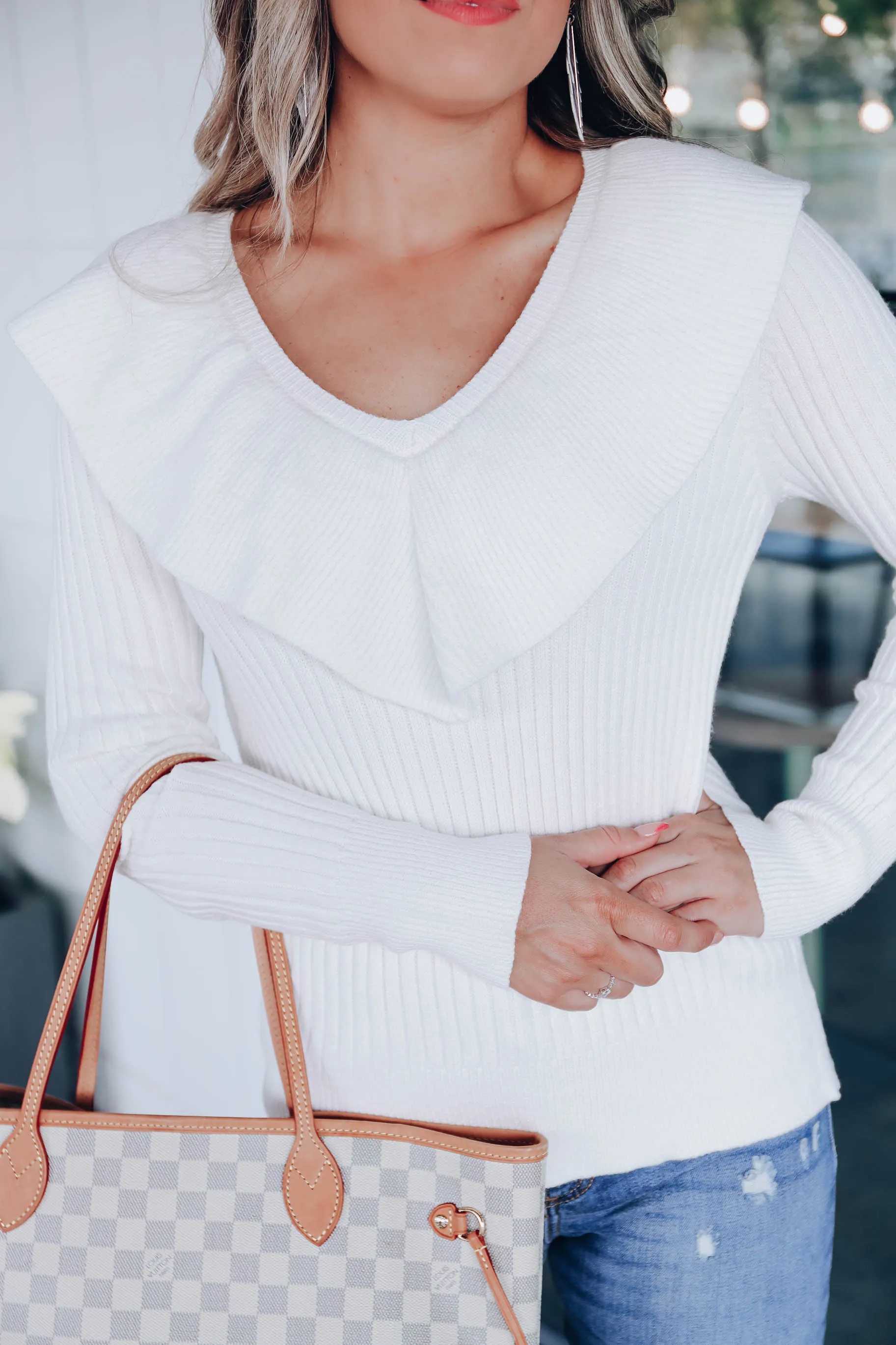 Regina Ruffle Collared Sweater - White