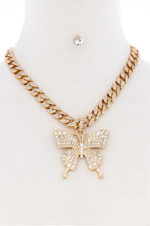 Rhinestone Butterfly Chunky Chain Necklace With Earring Set