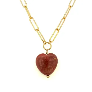 Rhodonite Heart Necklace on Gold Paperclip Chain