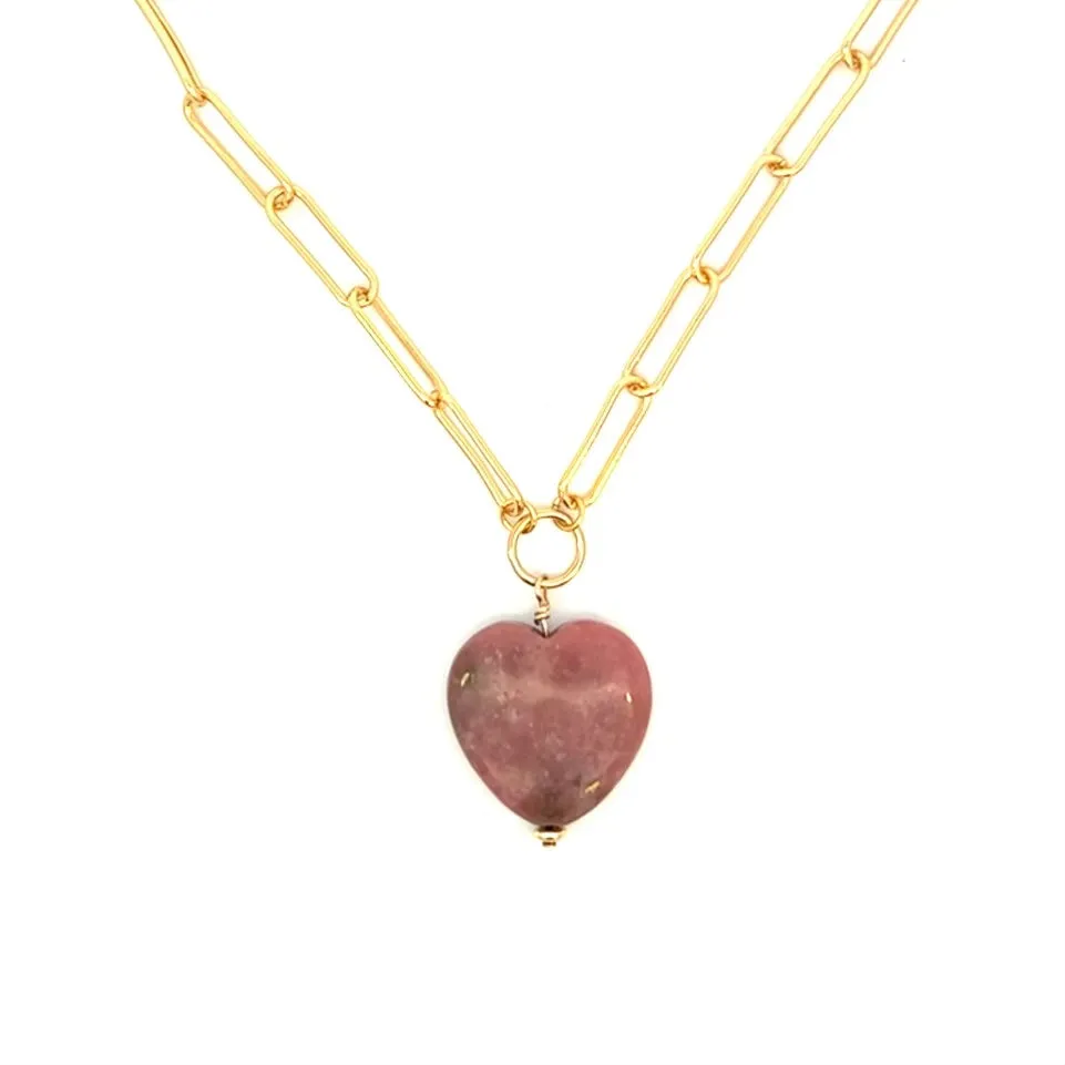 Rhodonite Heart Necklace on Gold Paperclip Chain