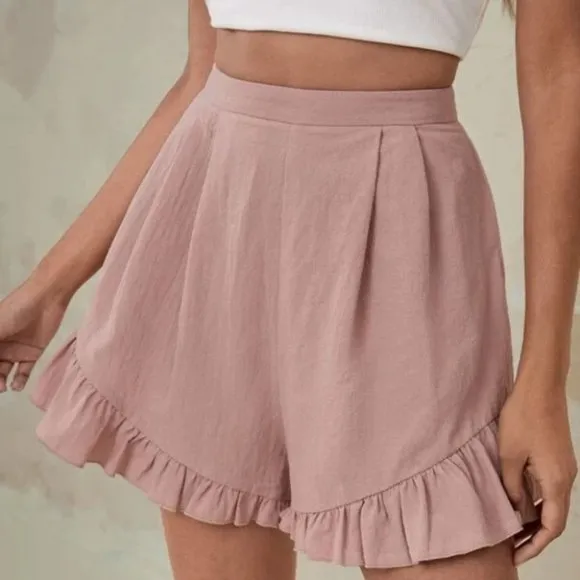 Ruffle Hem High Waisted Shorts Pink