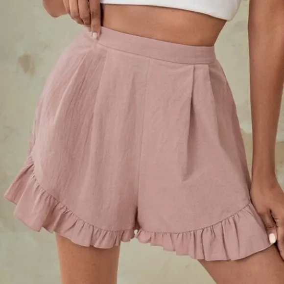 Ruffle Hem High Waisted Shorts Pink