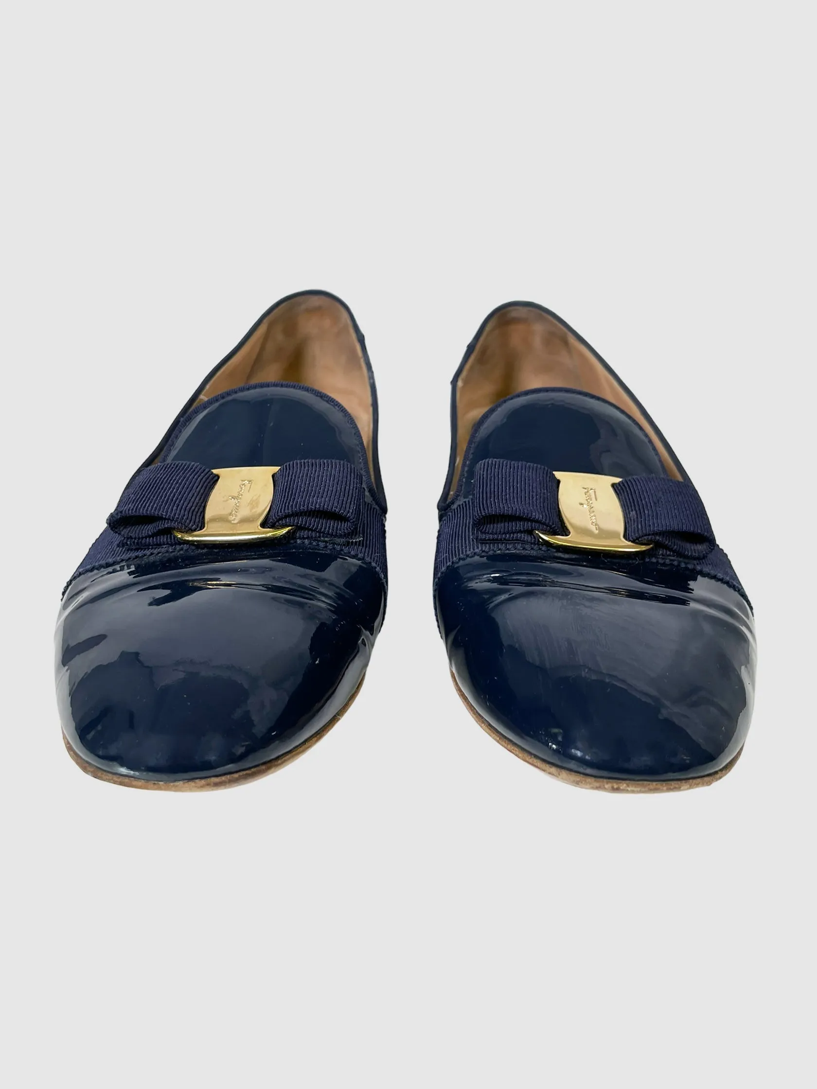 Salvatore Ferragamo Patent Leather Bow Accents Loafers - Size 9.5