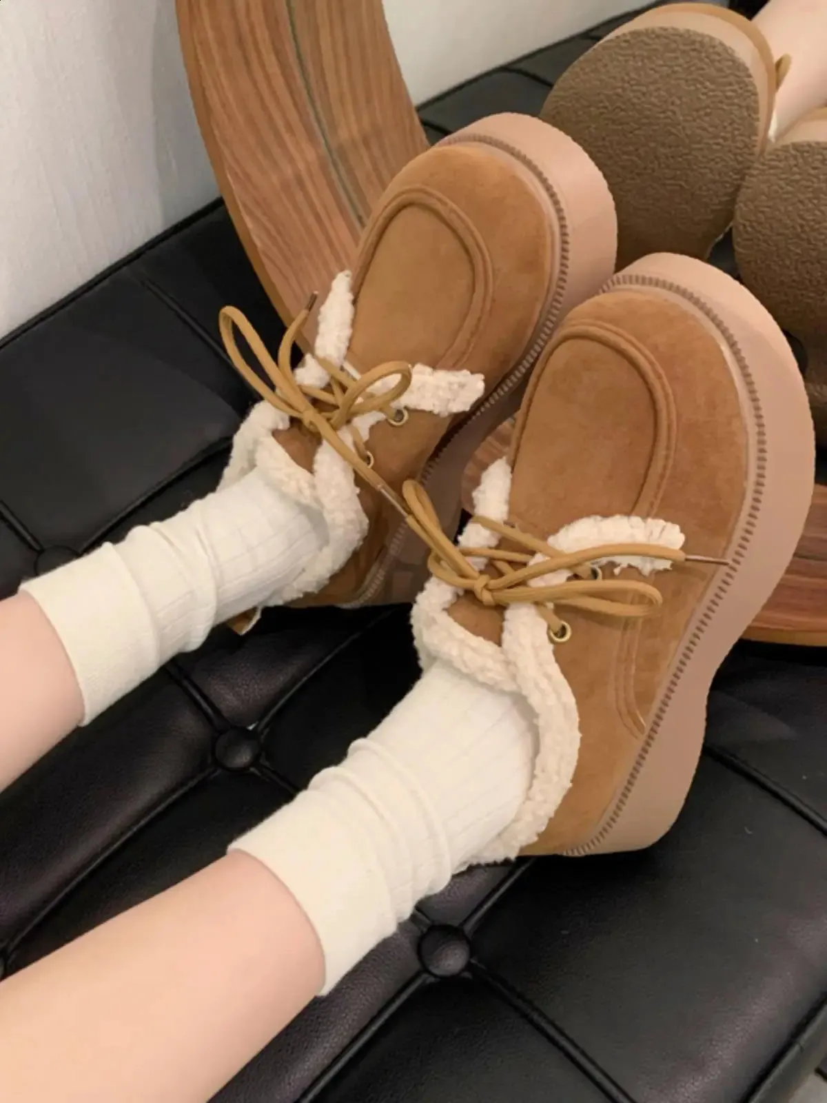 Shoes Woman Flats Clogs Platform Loafers Fur Casual Female Sneakers Dress Creepers New Cross Basic PU Leisure Cross-tied Flock S