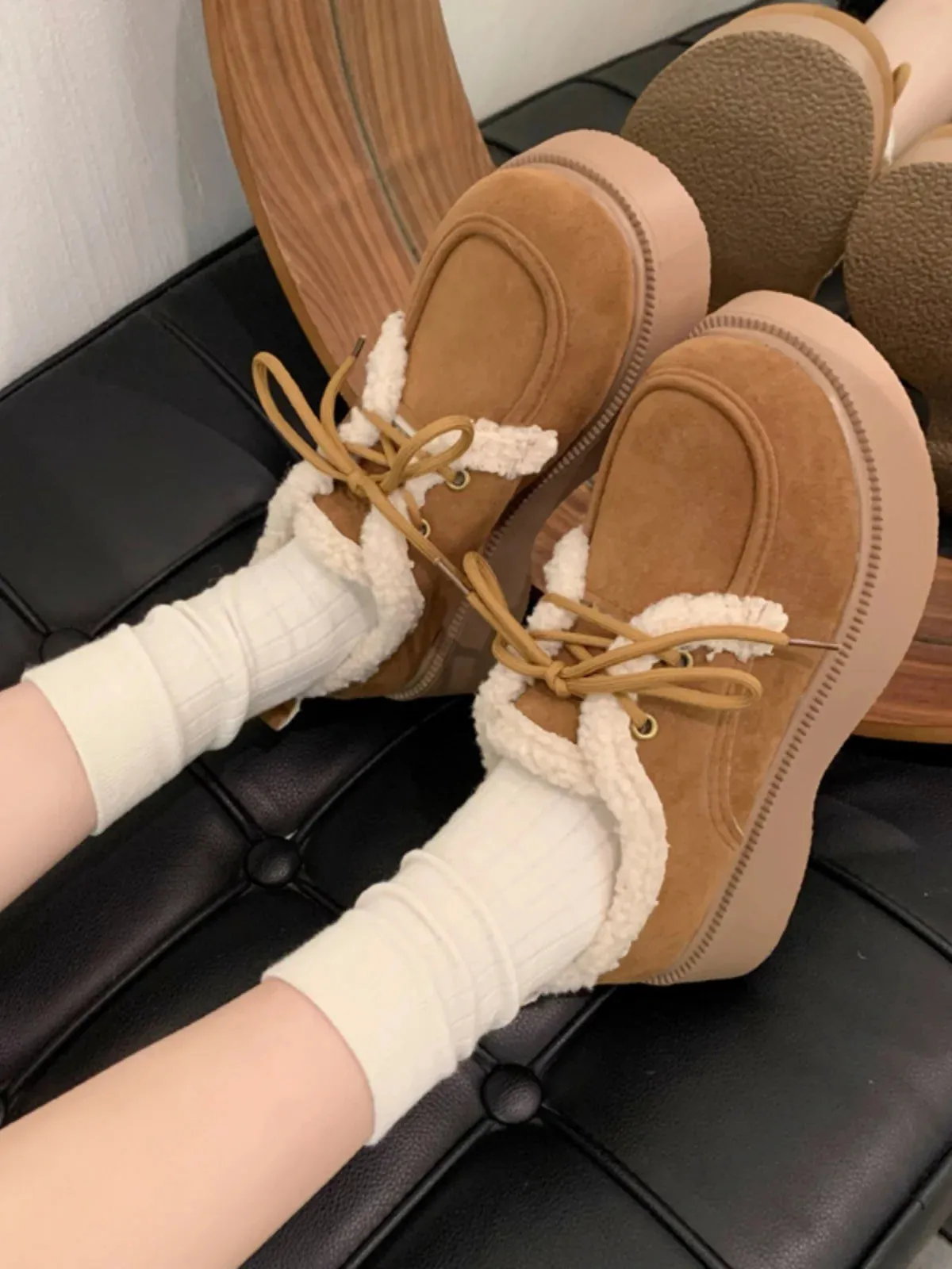 Shoes Woman Flats Clogs Platform Loafers Fur Casual Female Sneakers Dress Creepers New Cross Basic PU Leisure Cross-tied Flock S