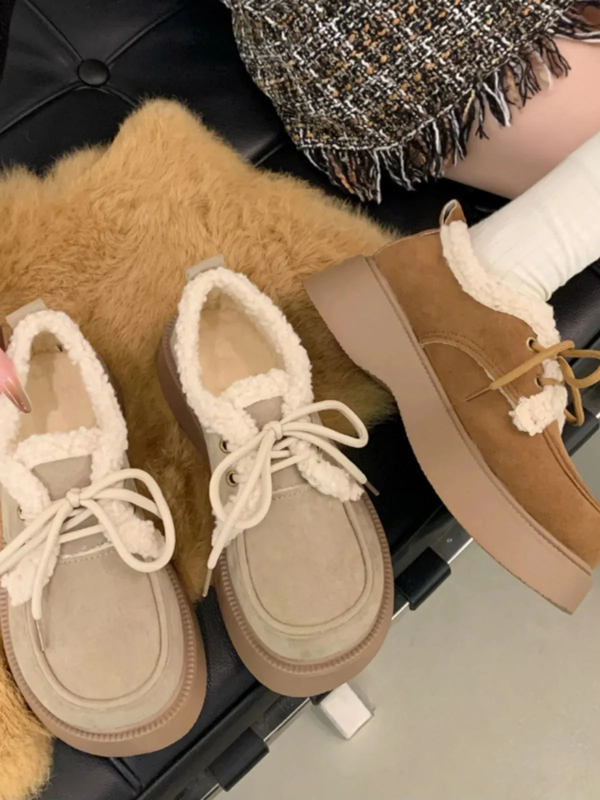 Shoes Woman Flats Clogs Platform Loafers Fur Casual Female Sneakers Dress Creepers New Cross Basic PU Leisure Cross-tied Flock S