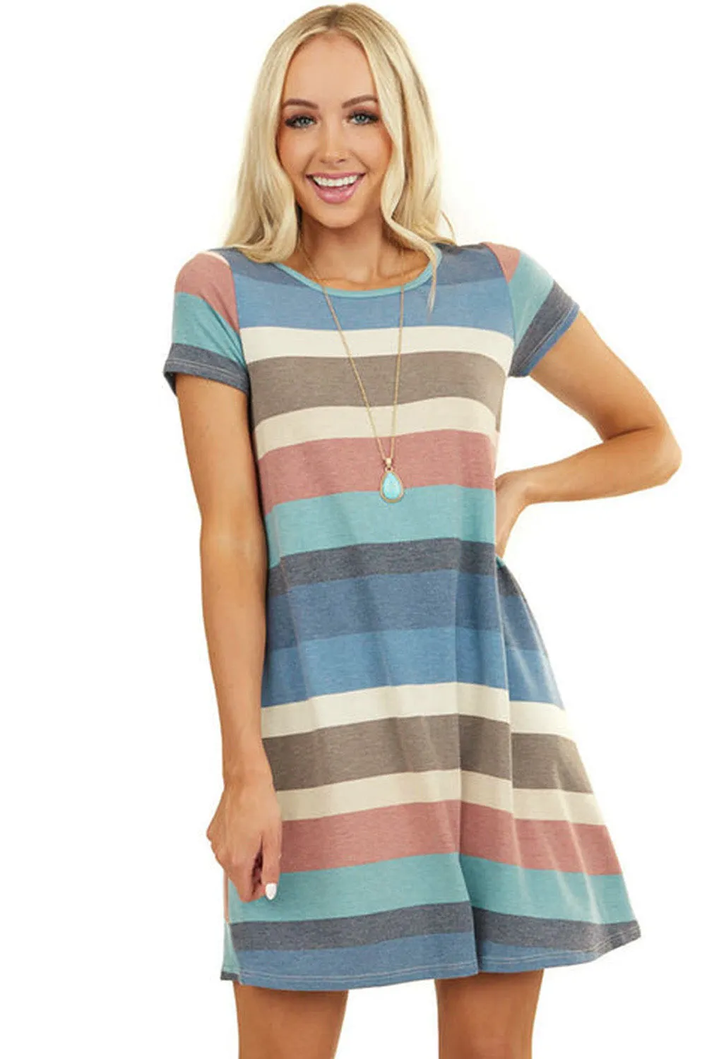 Sky Blue Striped Pocket Mini Dress