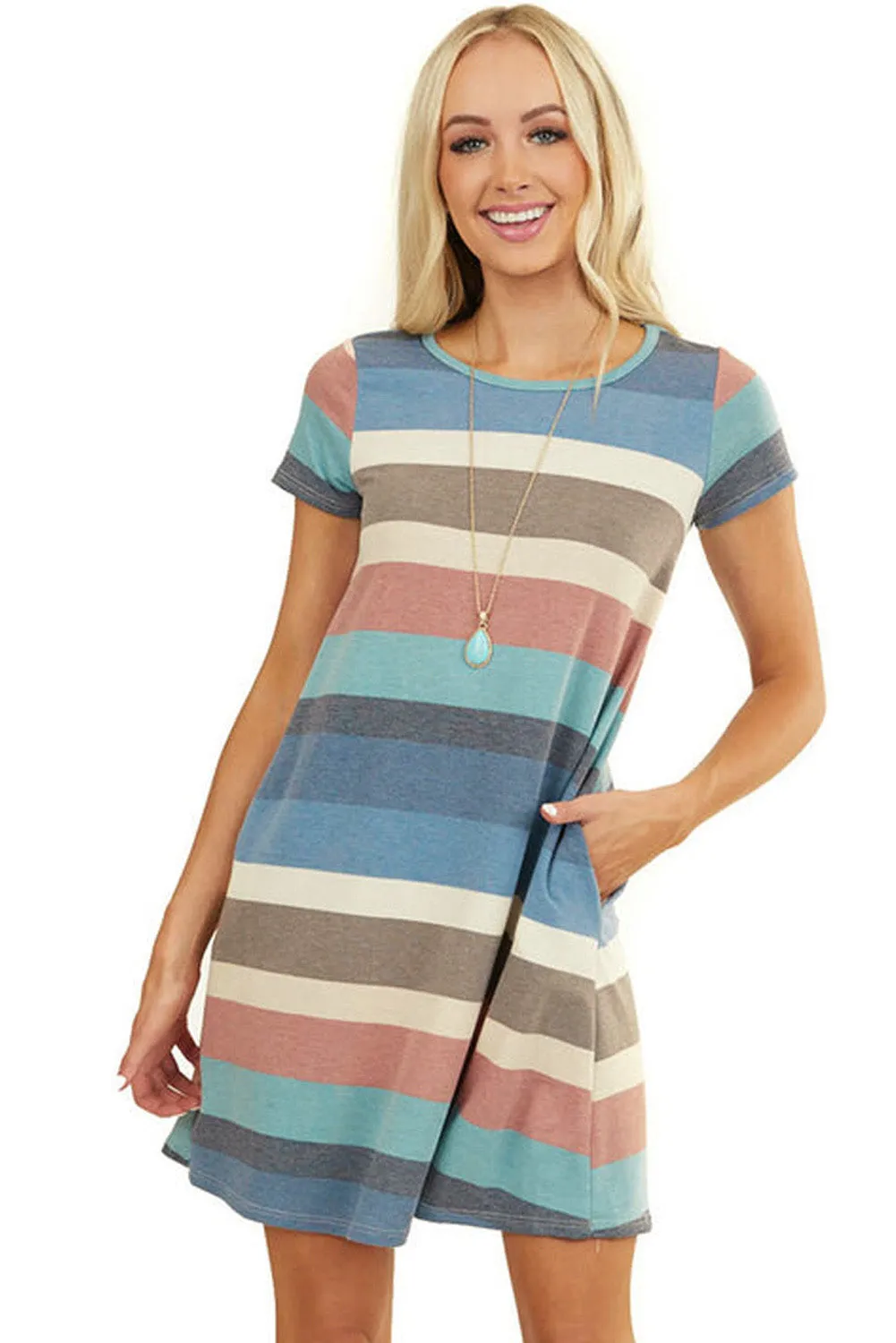 Sky Blue Striped Pocket Mini Dress