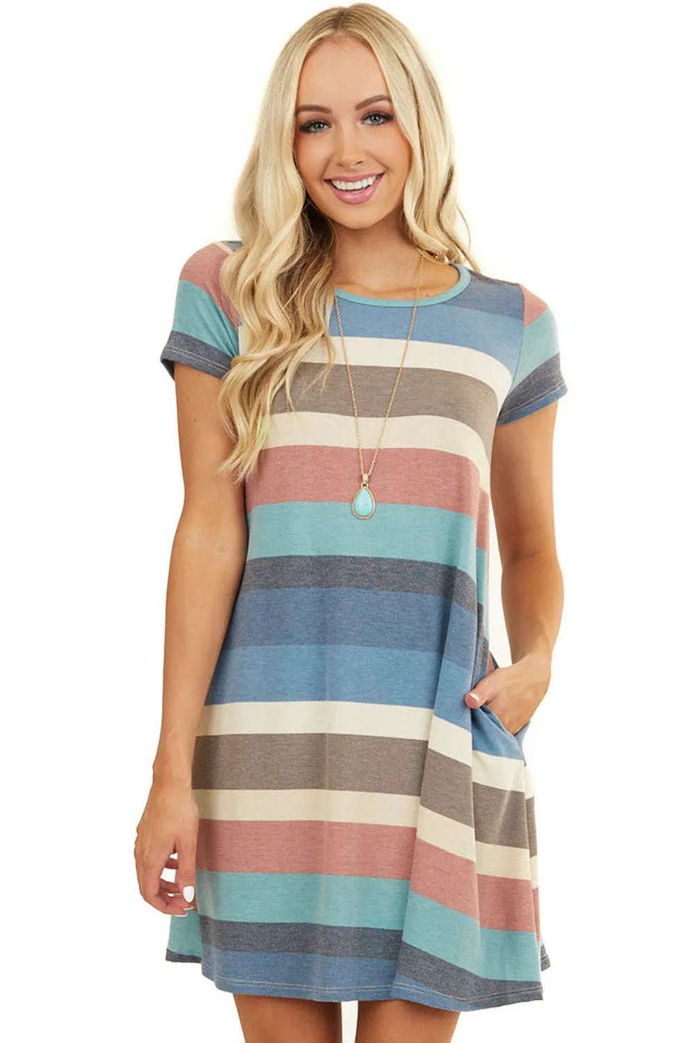 Sky Blue Striped Pocket Mini Dress