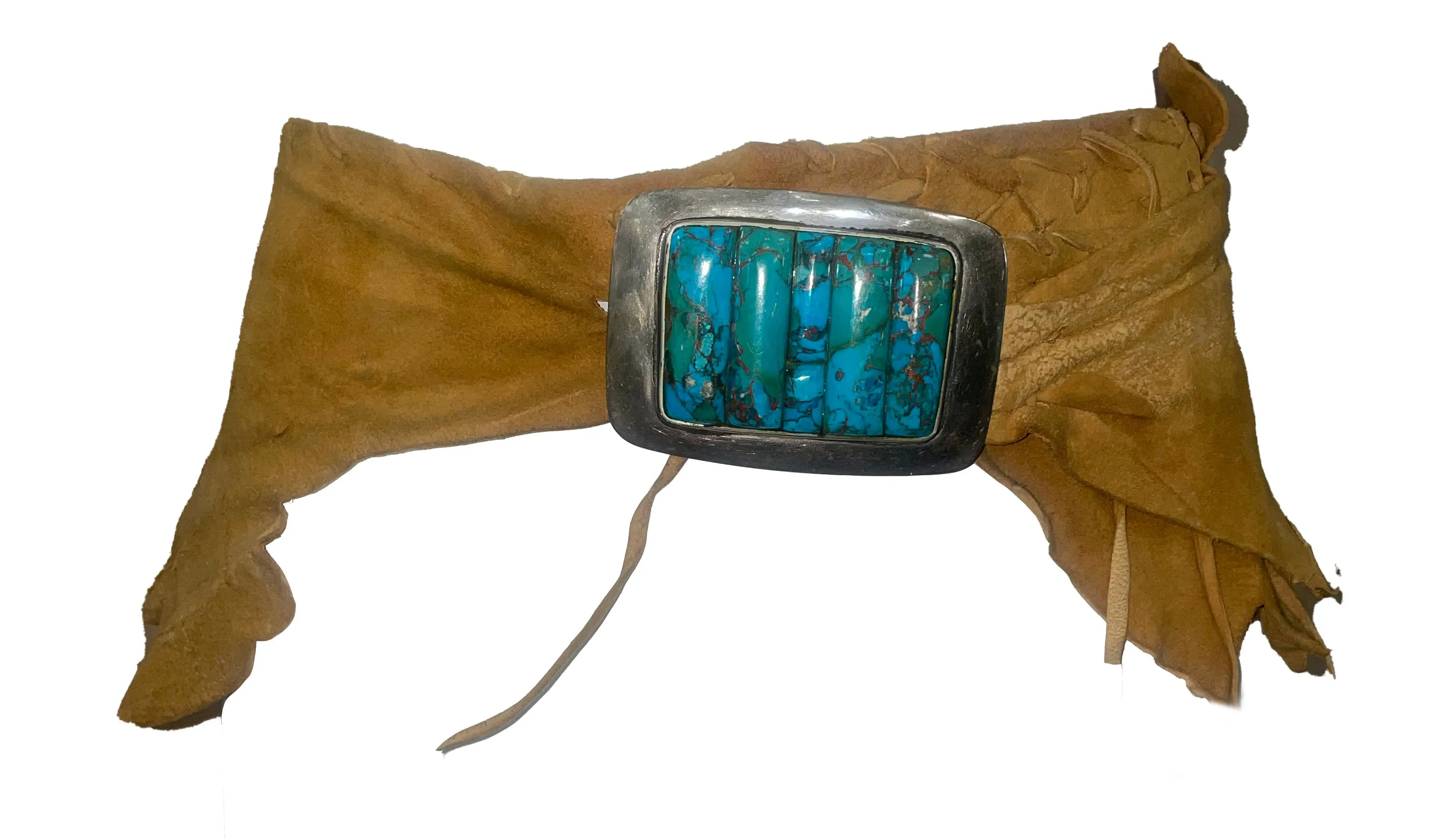 Small Bear Ponca 80s Large Silver and Turquoise Buckle on Raw Edged Suede Belt