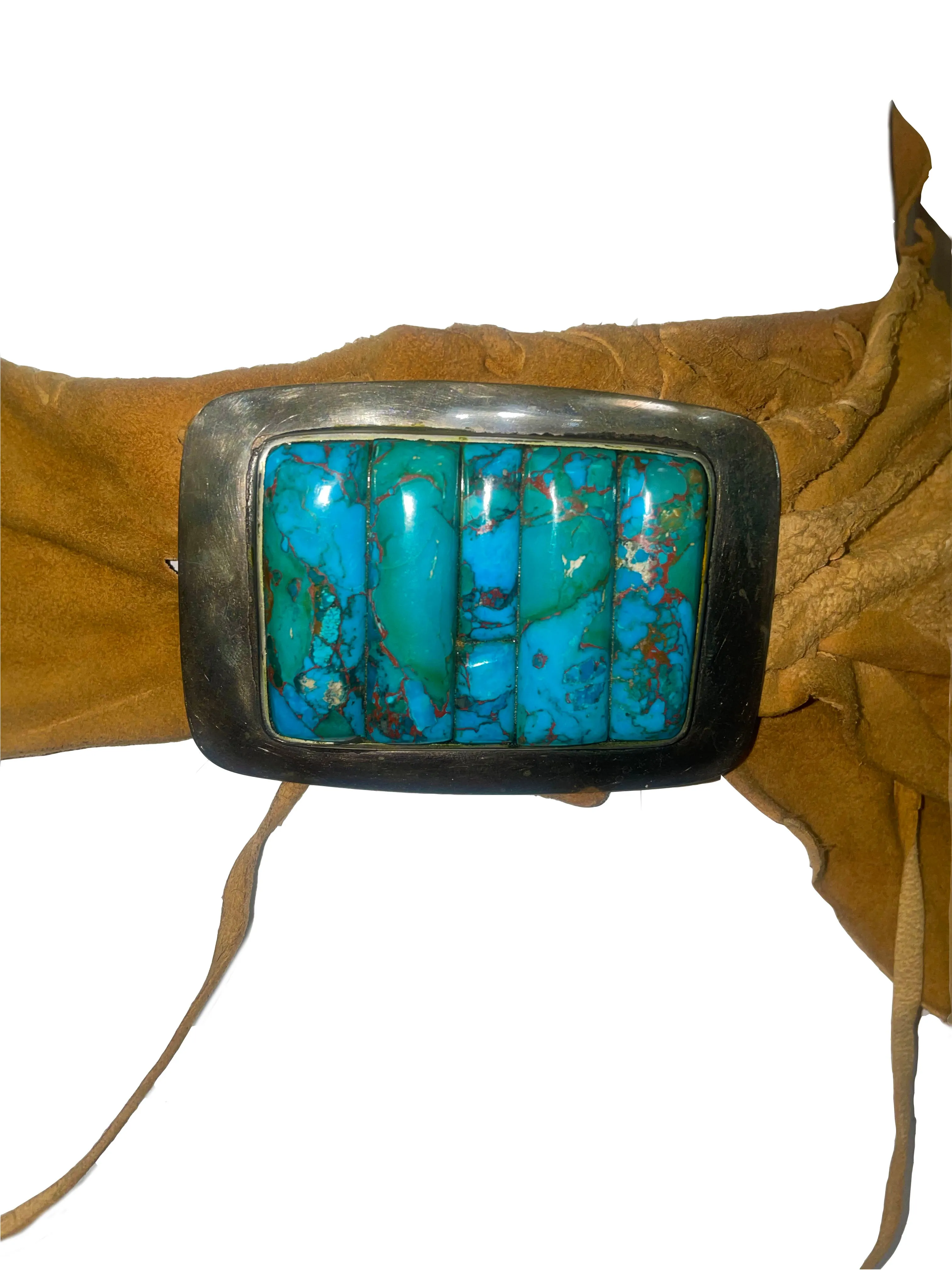 Small Bear Ponca 80s Large Silver and Turquoise Buckle on Raw Edged Suede Belt