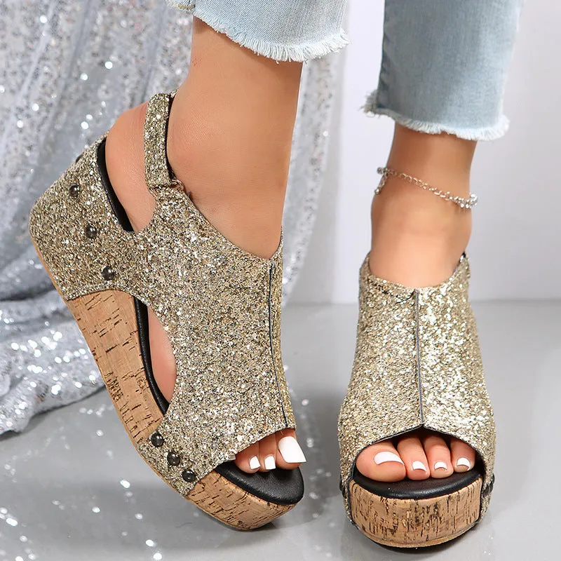 Summer Chunky Wedges Sandals, Fashion Sequins Velcro Shoes for Women
