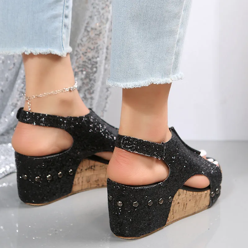 Summer Chunky Wedges Sandals, Fashion Sequins Velcro Shoes for Women