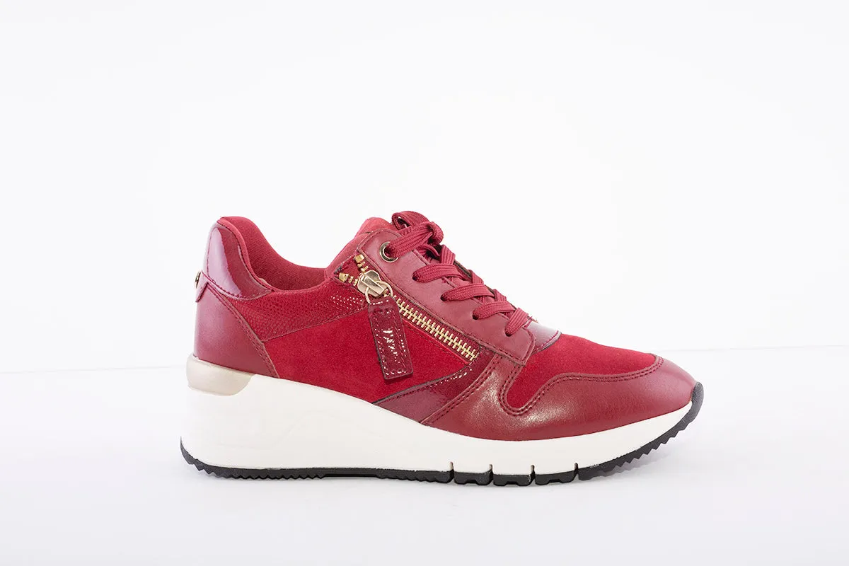 TAMARIS - 23702-516 LACE-UP WEDGE FASHION TRAINER  - RED PATENT