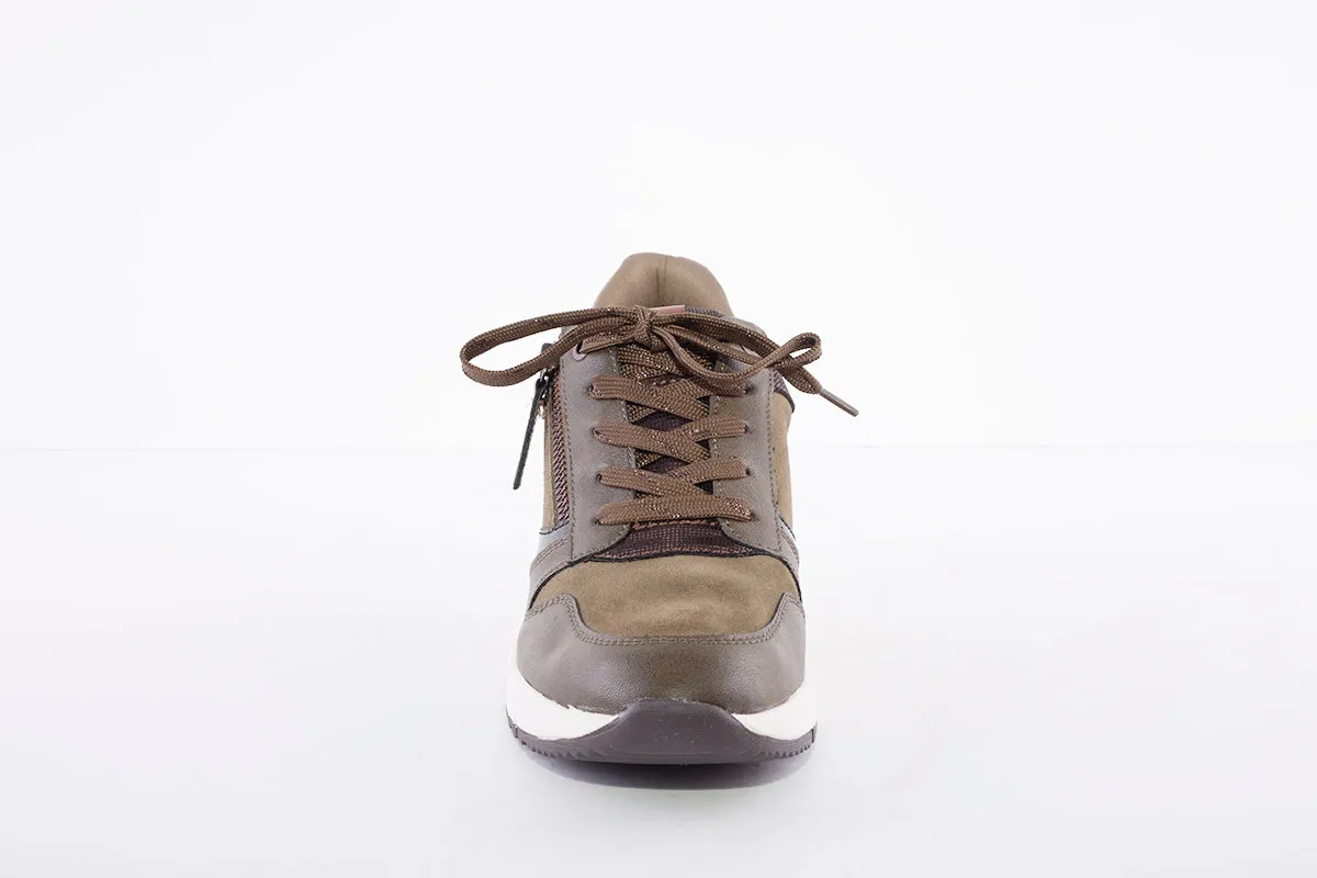 TAMARIS - 23702-709 LACE-UP WEDGE FASHION TRAINER  - GREEN COMBI