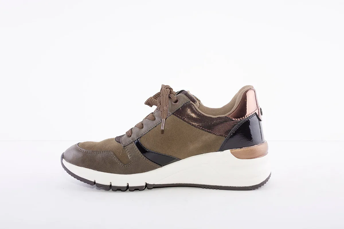 TAMARIS - 23702-709 LACE-UP WEDGE FASHION TRAINER  - GREEN COMBI
