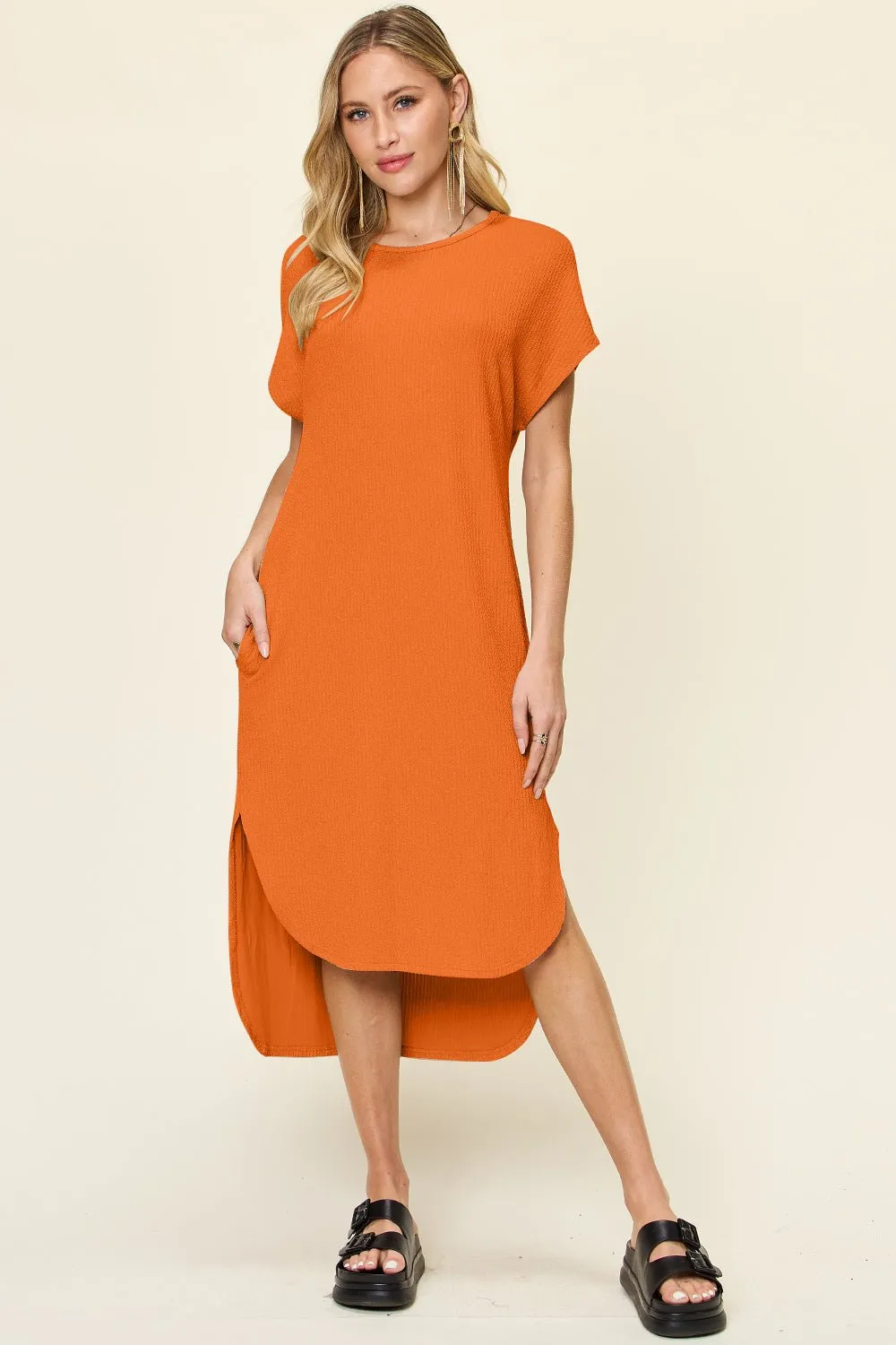 Turn Heads in This Double Take Full Size Round Neck Short Sleeve Slit Dress