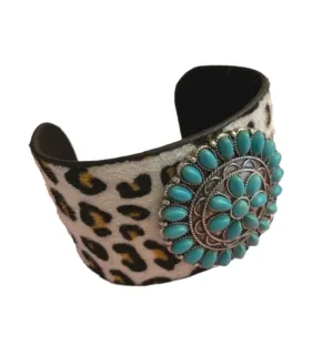 Turquoise and Leopard Faux Hair on Hide Cuff