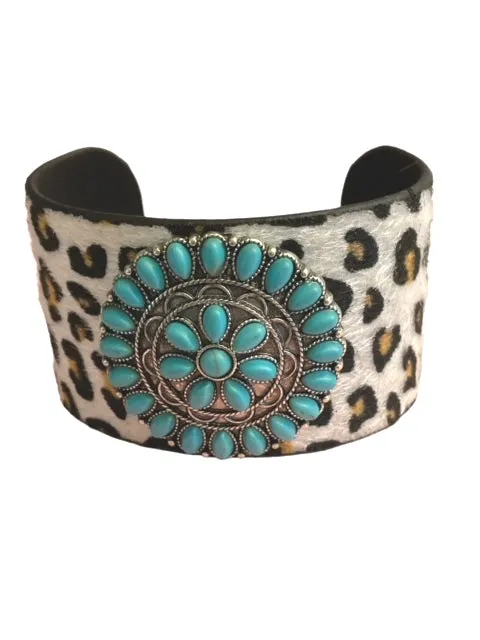 Turquoise and Leopard Faux Hair on Hide Cuff